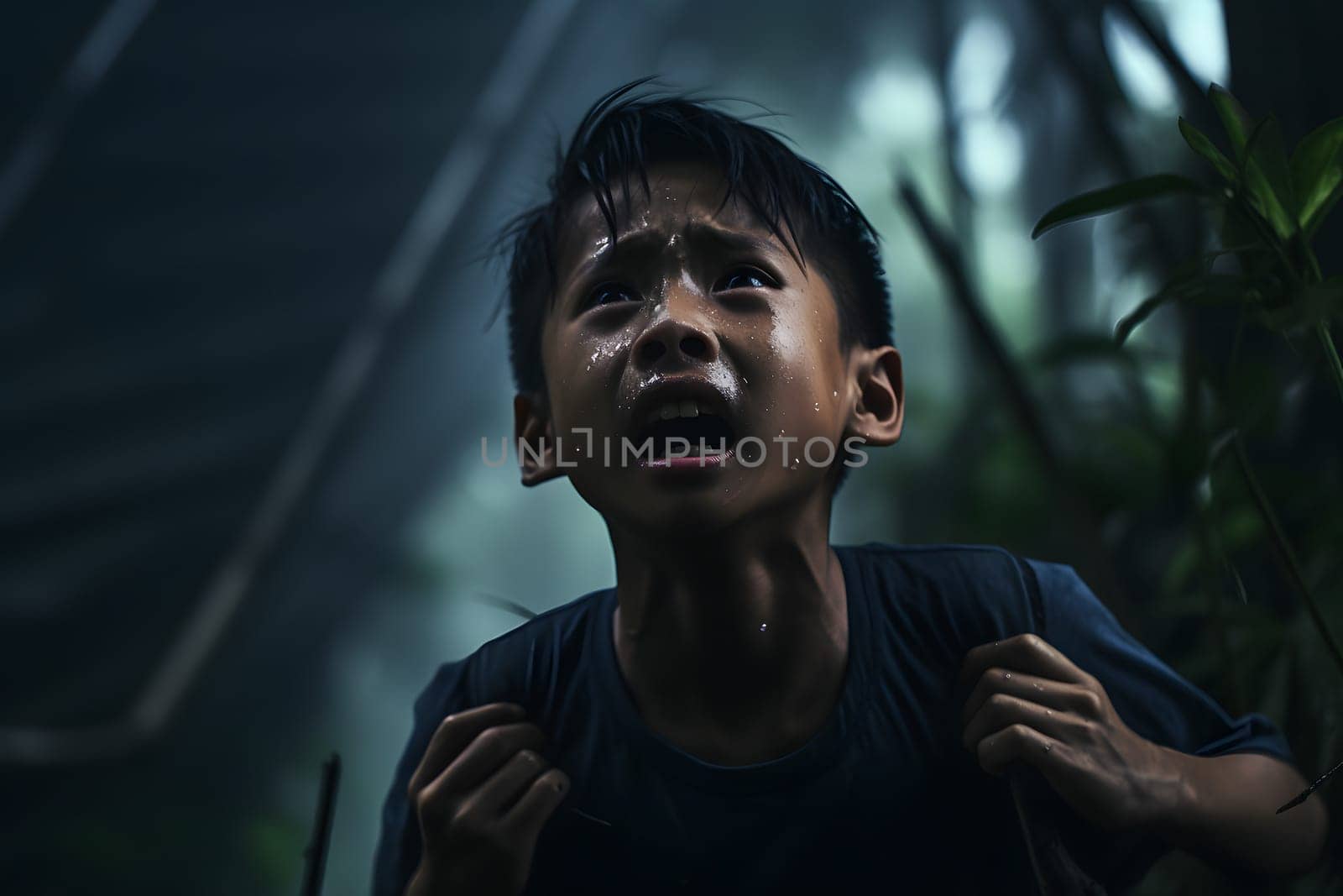 Asian boy lost in green forest at summer day. Neural network generated image. Not based on any actual person or scene.