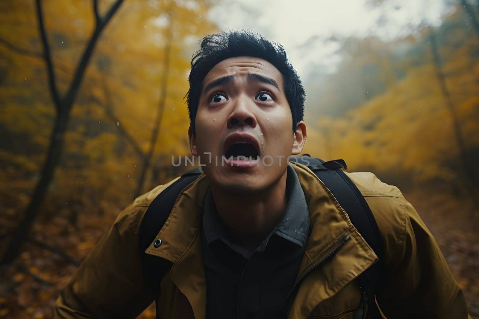 Asian man lost in forest at autumn evening. Neural network generated image. Not based on any actual person or scene.