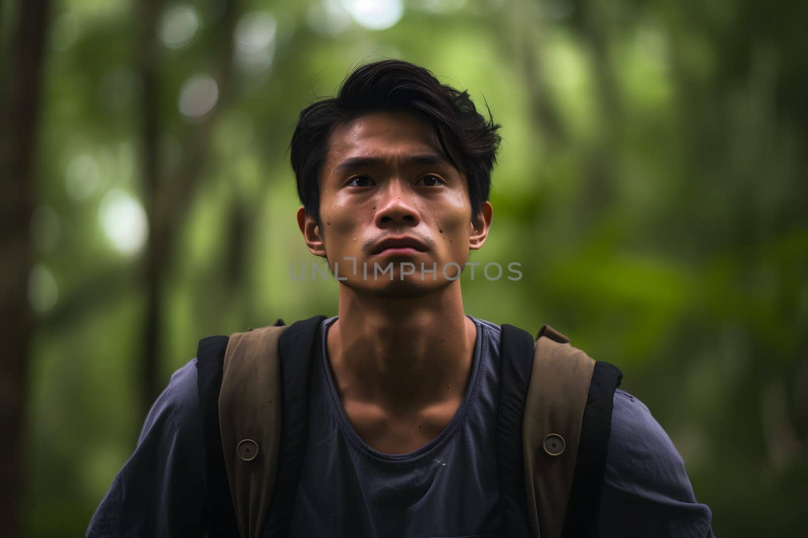 Asian man in summer forest at day. Neural network generated image. Not based on any actual person or scene.