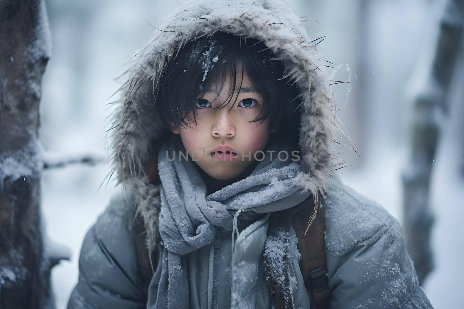 Asian boy lost in forest at snowy winter day. Neural network generated image. Not based on any actual person or scene.