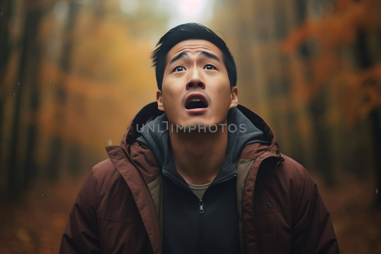 Asian man lost in forest at autumn evening. Neural network generated image. Not based on any actual person or scene.