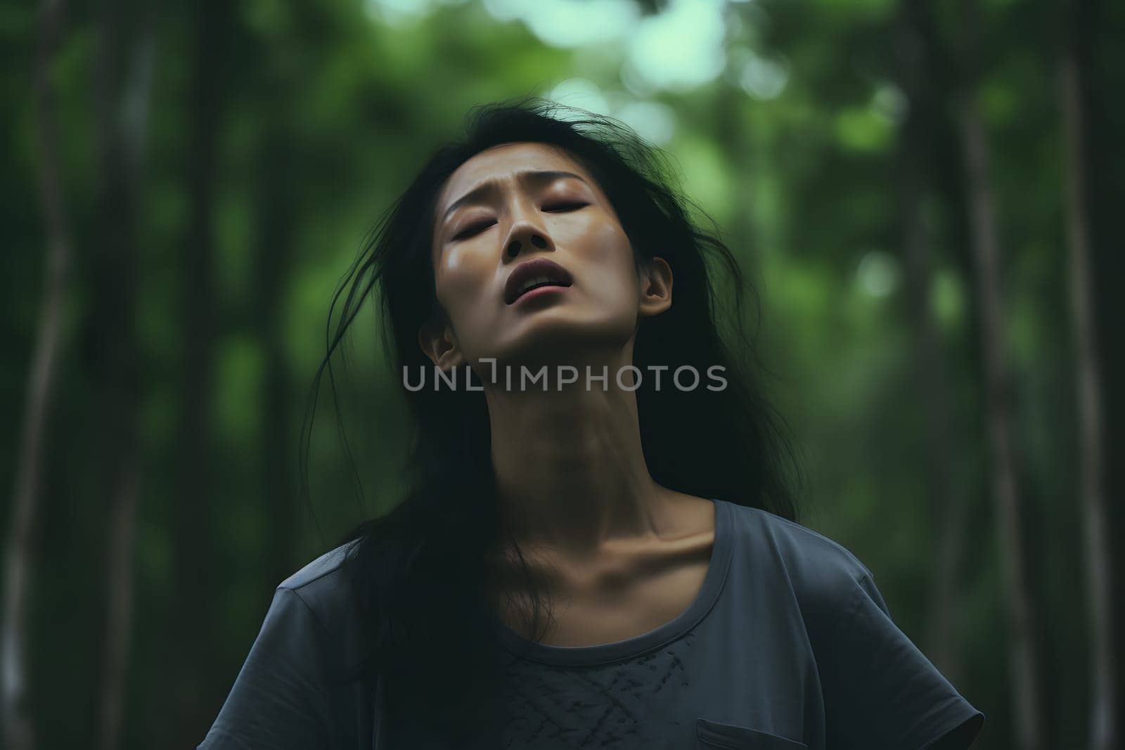 Asian woman lost in forest at summer day. Neural network generated image. Not based on any actual person or scene.