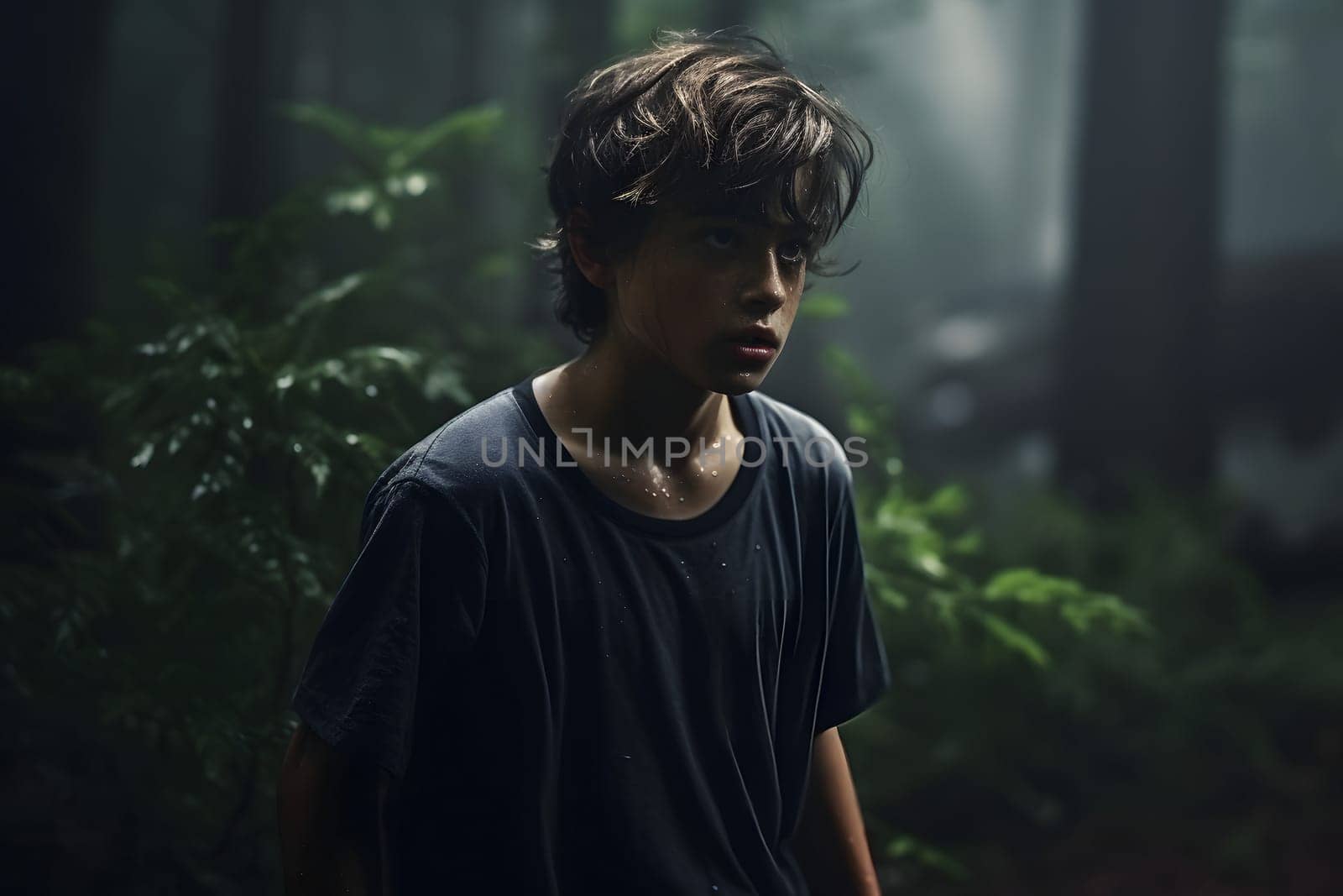 Caucasian kid lost in forest at summer day. Neural network generated image. Not based on any actual person or scene.