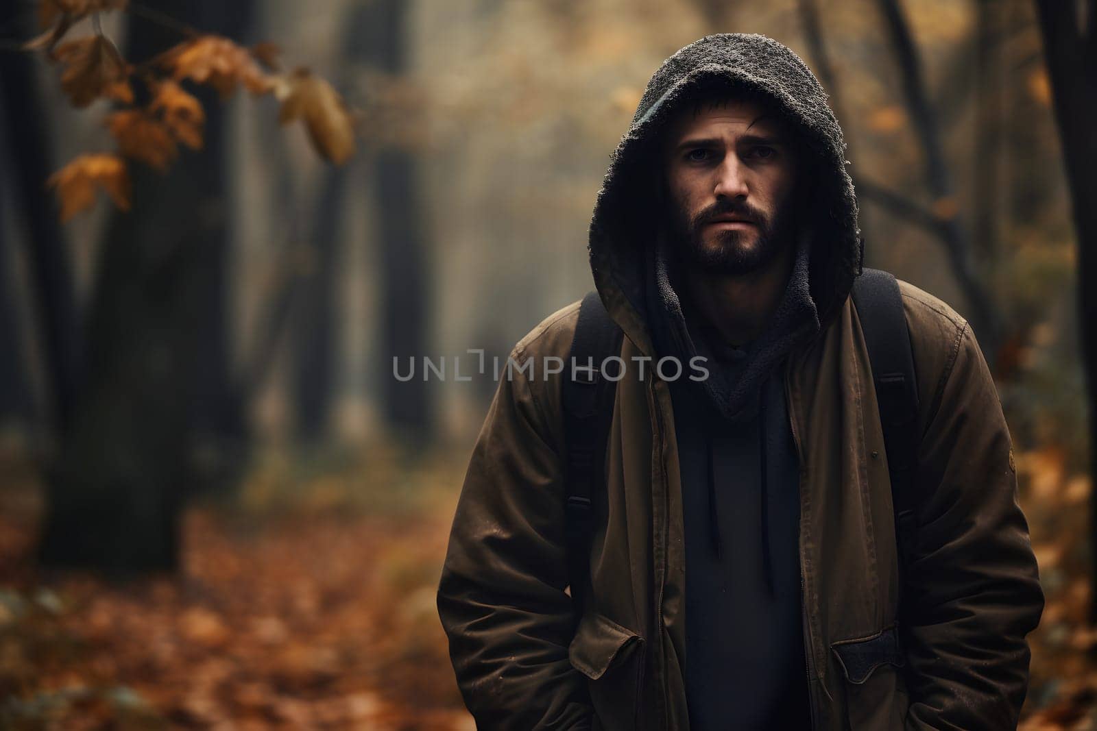 Caucasian man in forest at autumn day. Neural network generated image. Not based on any actual person or scene.