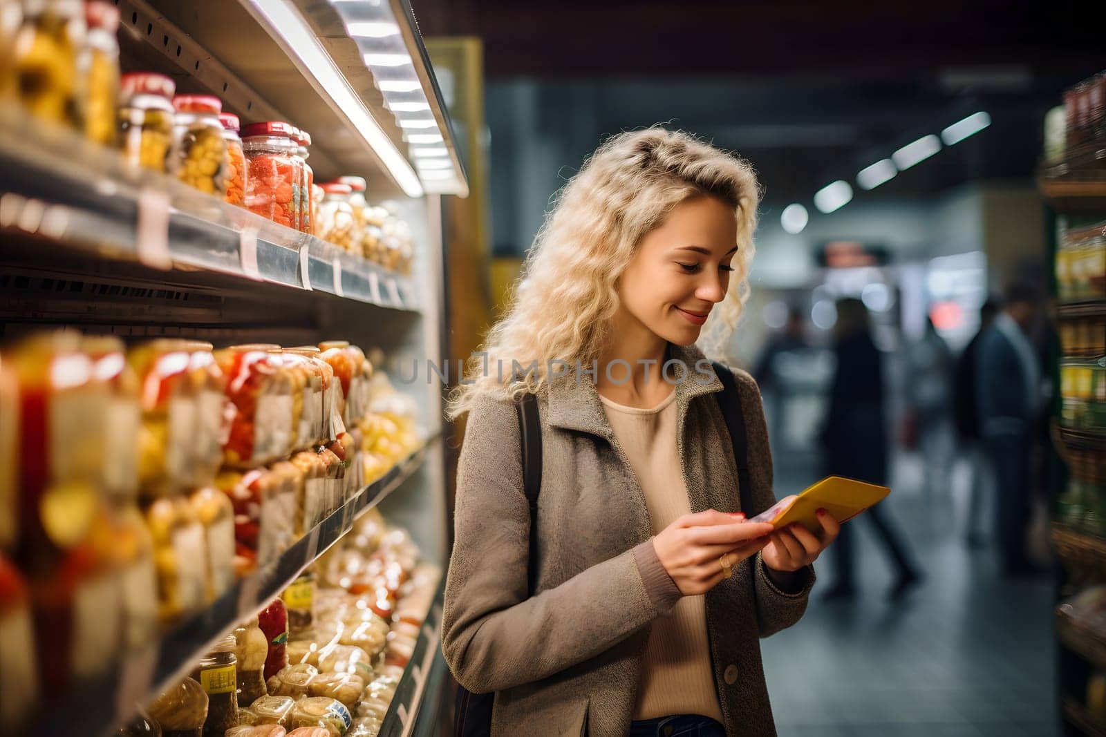 young adult Caucasian woman choosing a product in a grocery store. Neural network generated image. Not based on any actual person or scene.