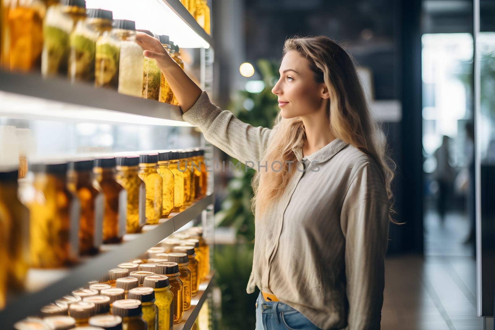 young adult Caucasian woman choosing a product in a grocery store. Neural network generated image. Not based on any actual person or scene.