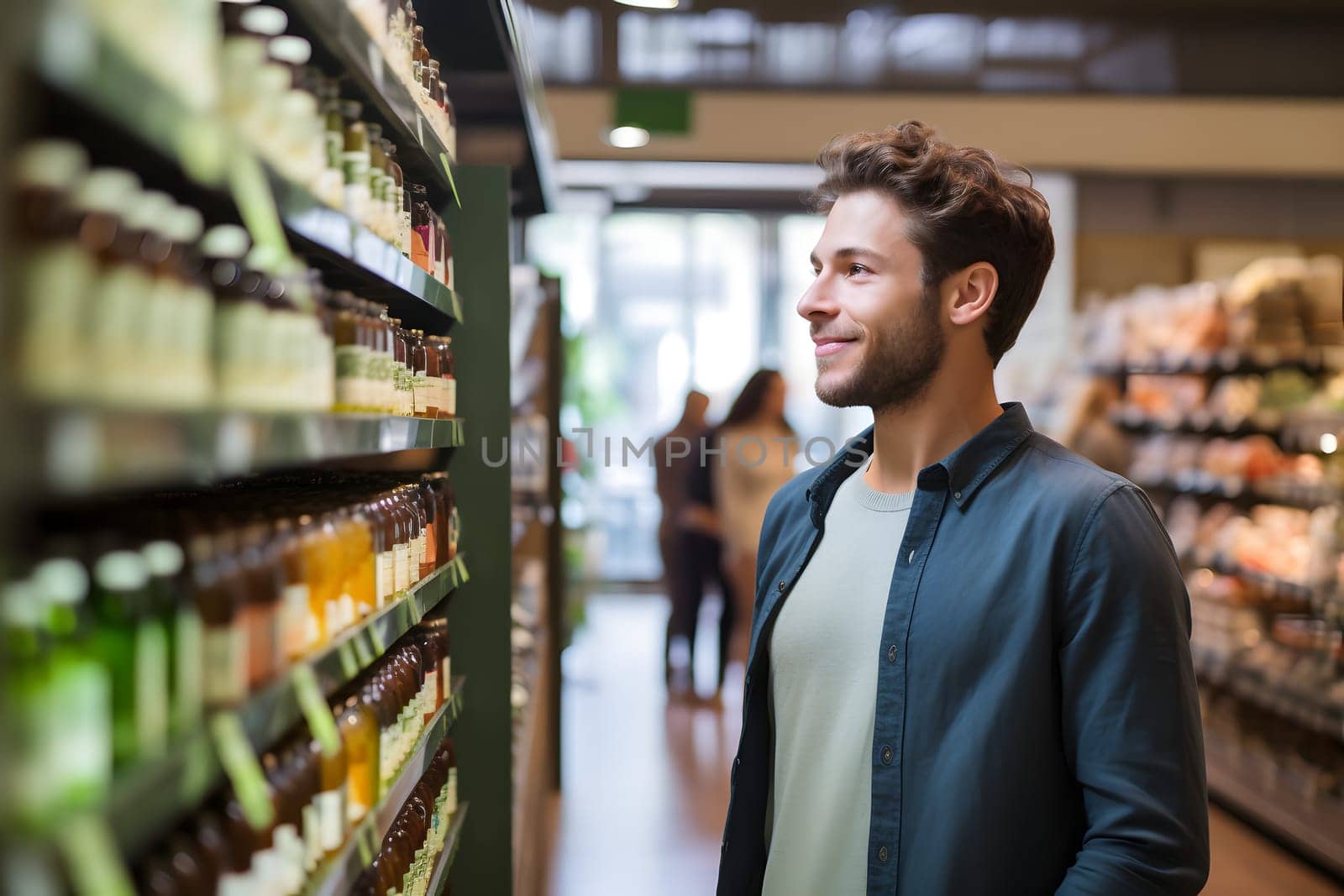 young adult Caucasian man choosing a product in a grocery store. Neural network generated image. Not based on any actual person or scene.