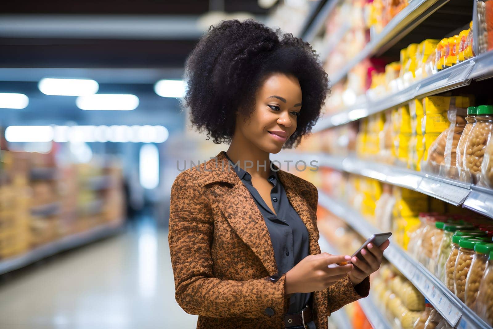young adult African American woman choosing a product in a grocery store. Neural network generated image. Not based on any actual person or scene.