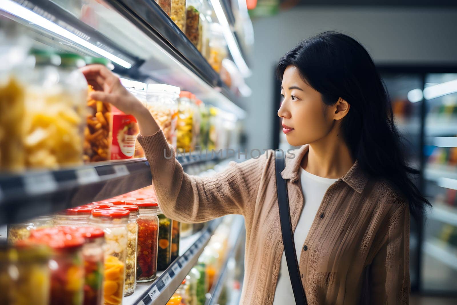 young adult Asian woman choosing a product in a grocery store. Neural network generated image. Not based on any actual person or scene.