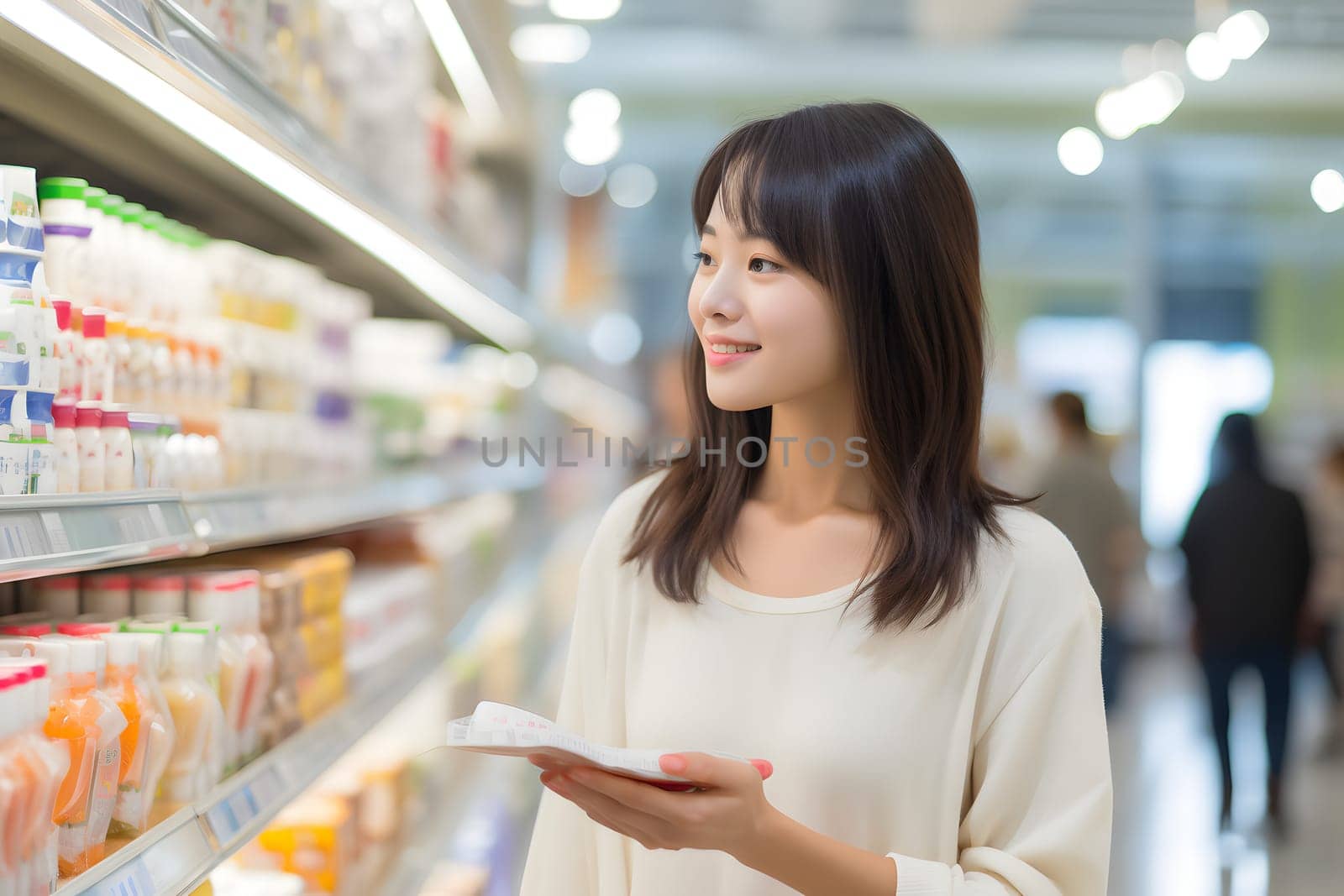 young adult Asian woman choosing a product in a grocery store. Neural network generated image. Not based on any actual person or scene.