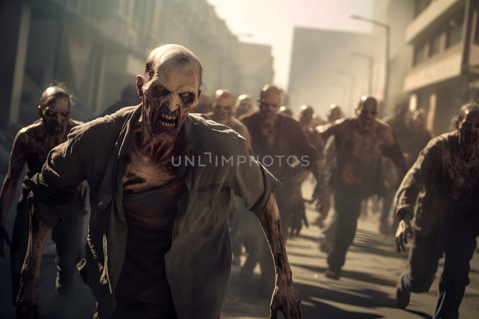 Group of zombies running on city street at day time. Neural network generated image. Not based on any actual person or scene.