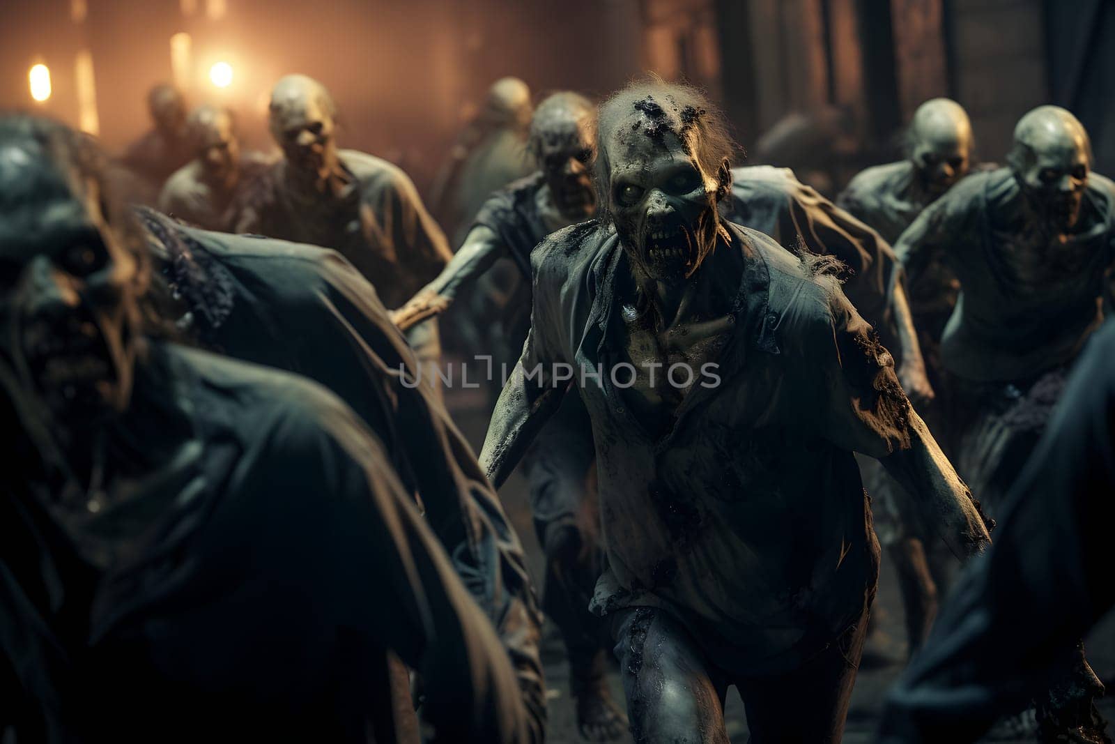 Group of zombies walking on street at night. Neural network generated image. Not based on any actual person or scene.