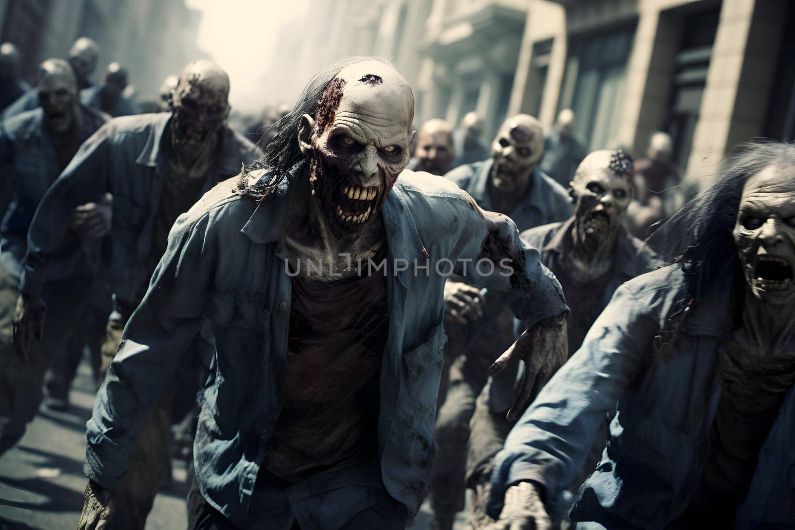 Group of zombies running on city street at day time. Neural network generated image. Not based on any actual person or scene.