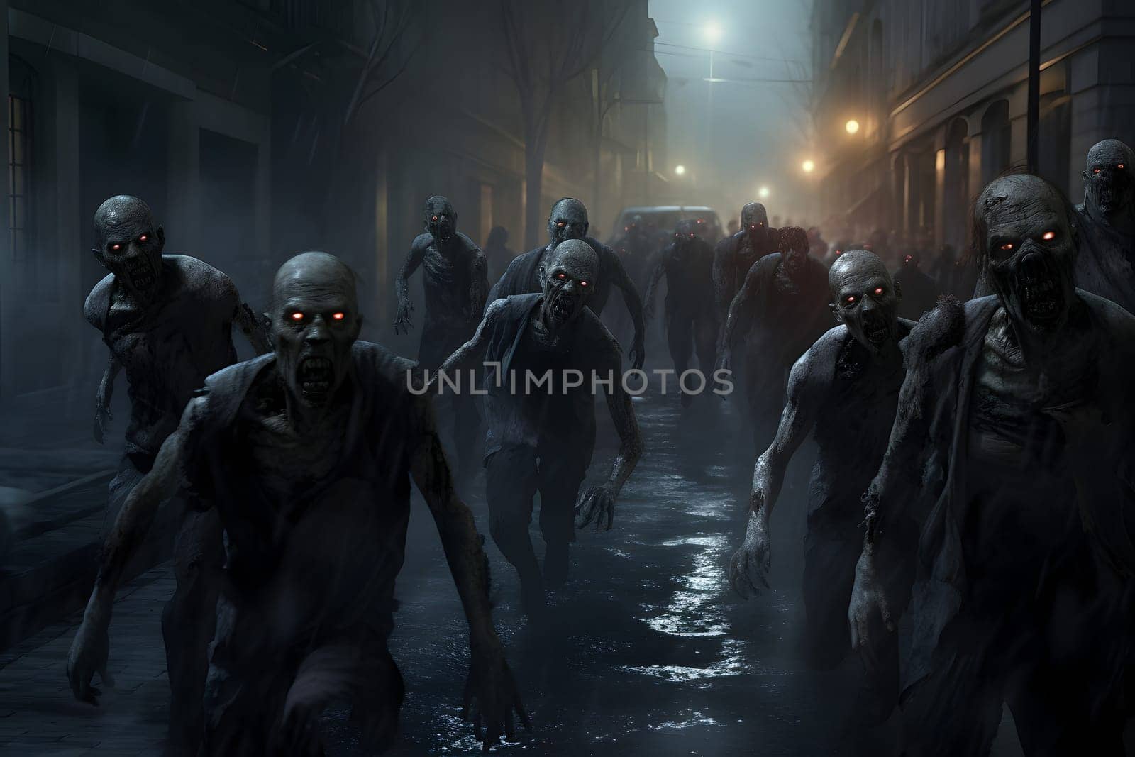 Group of zombies running on city street at night. Neural network generated image. Not based on any actual person or scene.