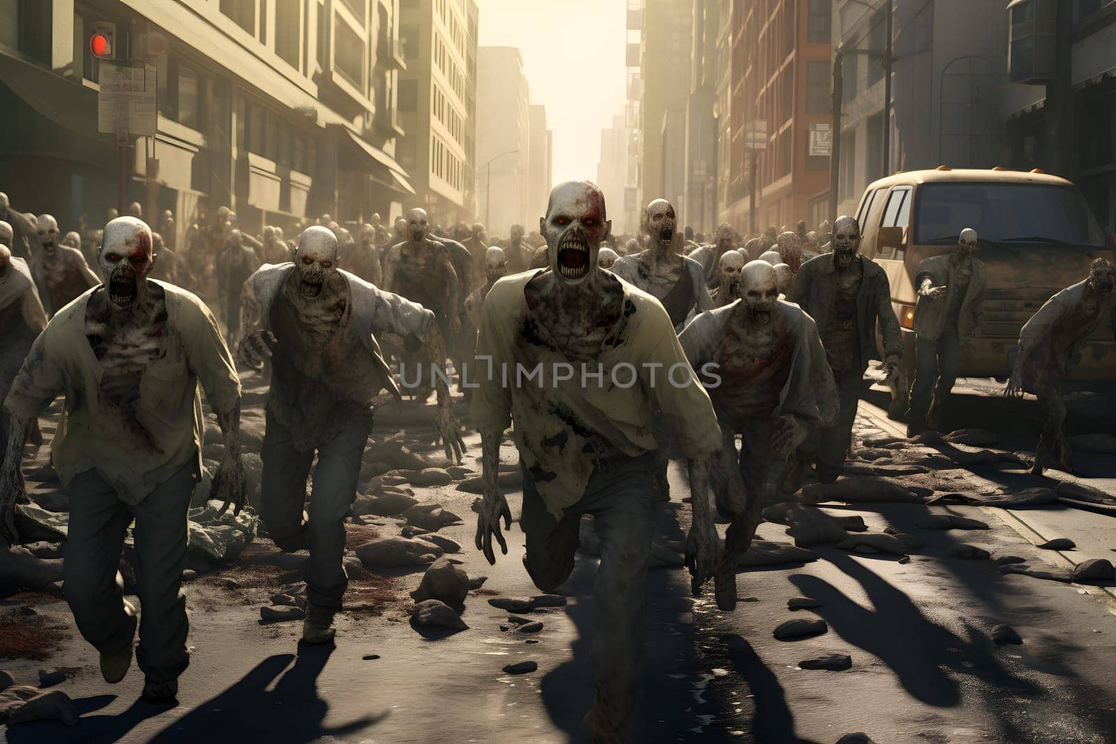 Group of zombies running on city street at day time. Neural network generated image. Not based on any actual person or scene.