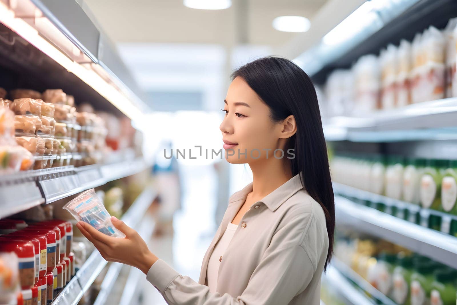 young adult Asian woman choosing a product in a grocery store. Neural network generated image. Not based on any actual person or scene.