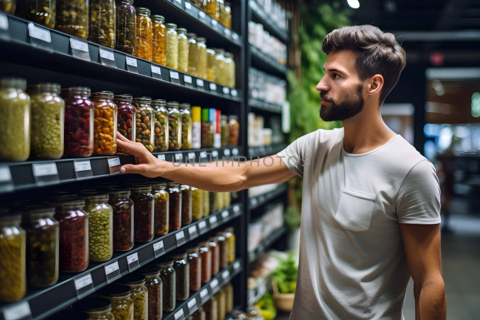 young adult Caucasian man choosing a product in a grocery store. Neural network generated image. Not based on any actual person or scene.