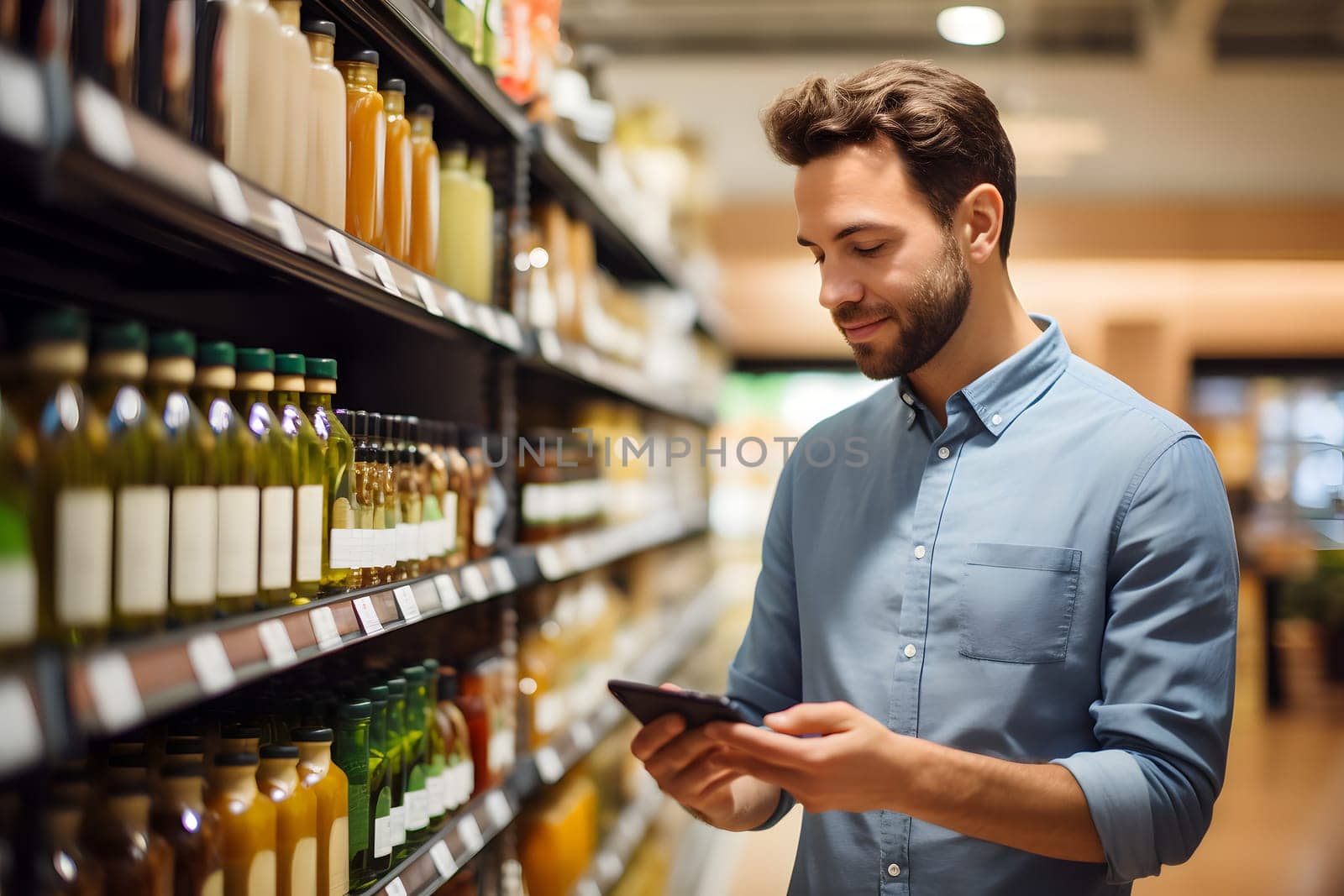 young adult Caucasian man choosing a product in a grocery store. Neural network generated image. Not based on any actual person or scene.