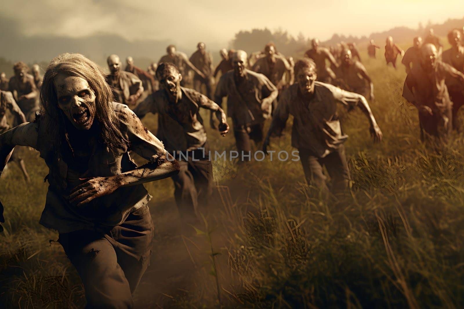 group of zombies running at summer morning. Neural network generated image. Not based on any actual person, scene or pattern.