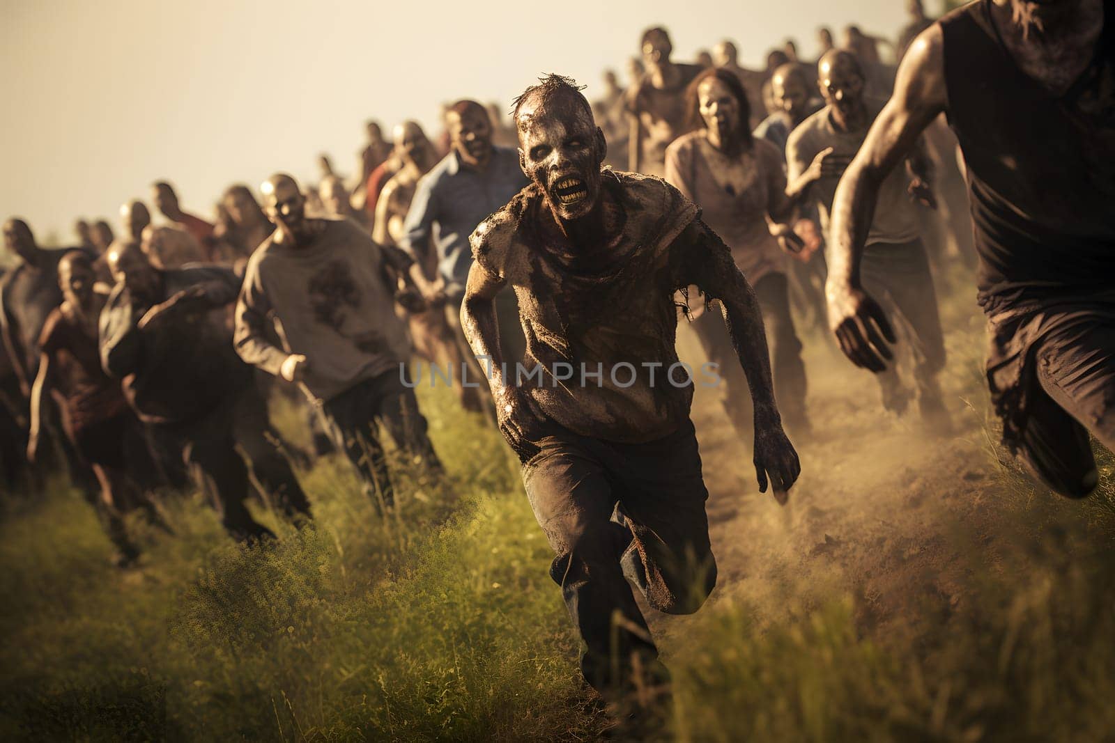 group of zombies running at summer day. Neural network generated image. Not based on any actual person, scene or pattern.
