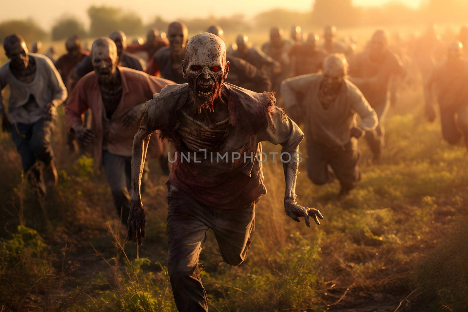 Group of zombies running on summer meadow at sunset. Neural network generated image. Not based on any actual person, scene or pattern.