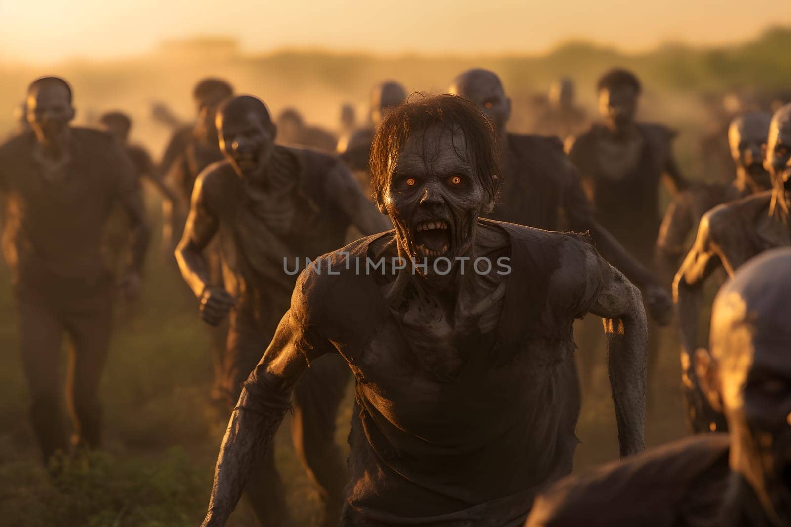 Group of zombies running on summer meadow at sunset. Neural network generated image. Not based on any actual person, scene or pattern.