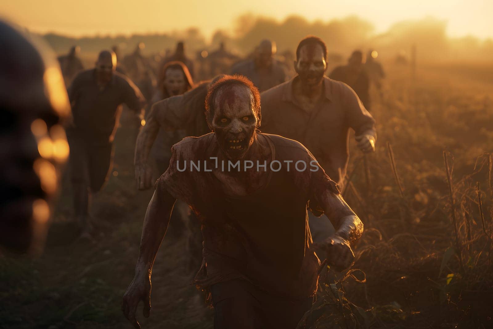 Group of zombies running on summer meadow at sunset. Neural network generated image. Not based on any actual person, scene or pattern.