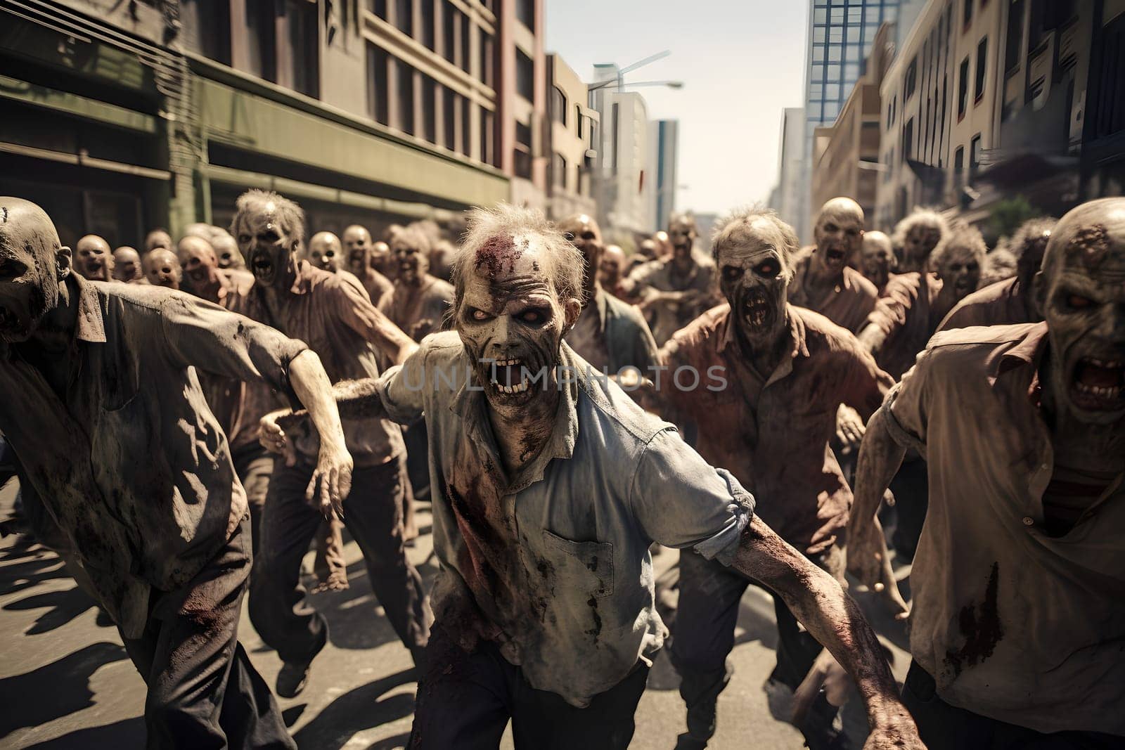 Group of zombies running on city street at day time. Neural network generated image. Not based on any actual person or scene.