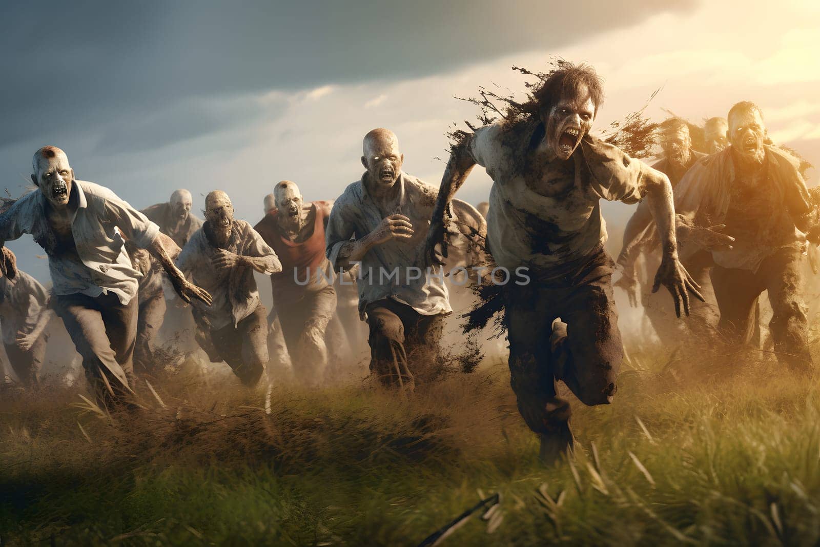 Group of zombies running on summer meadow at morning. Neural network generated image. Not based on any actual person, scene or pattern.
