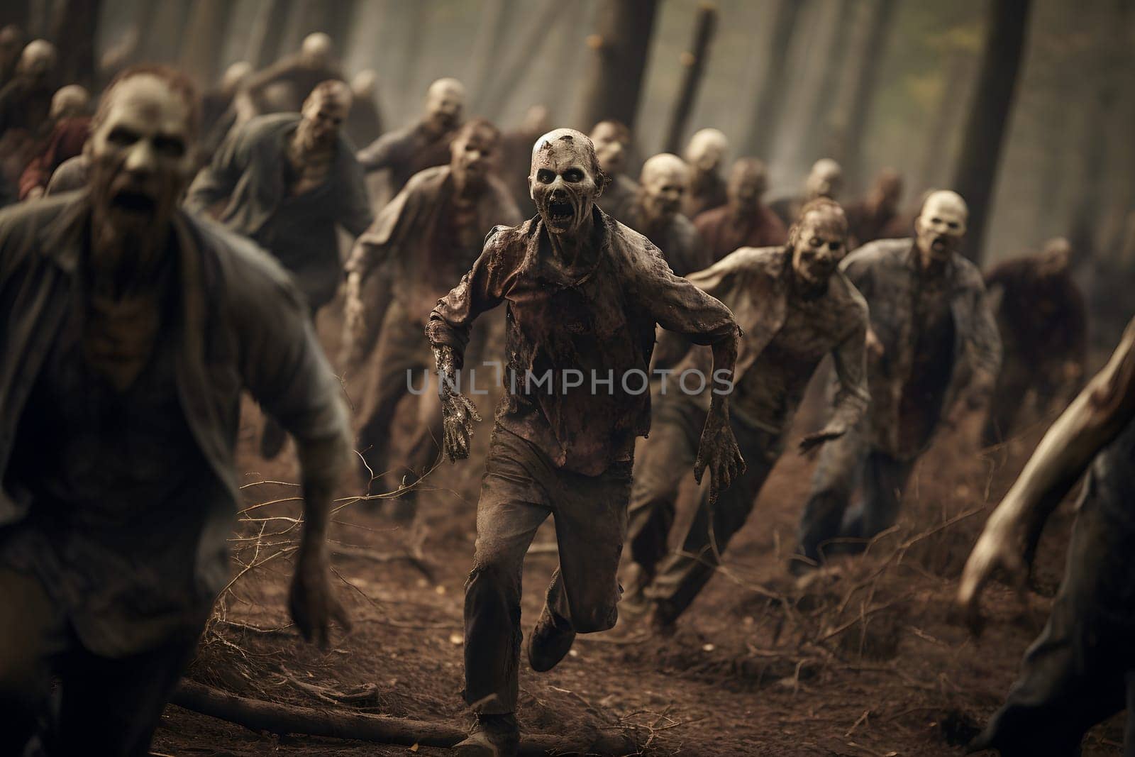 Group of zombies running in autumn forest at cloudy day. Neural network generated image. Not based on any actual person or scene.