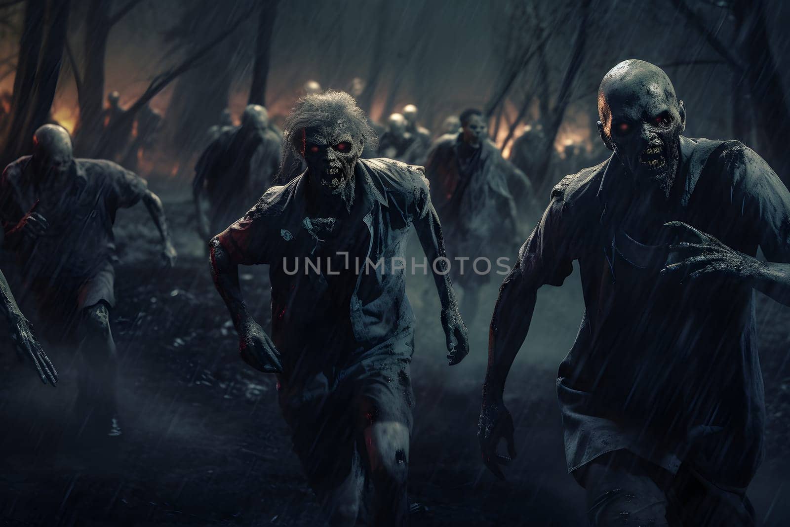 group of zombies running in autumn forest at rainy night. Neural network generated image. Not based on any actual person or scene.