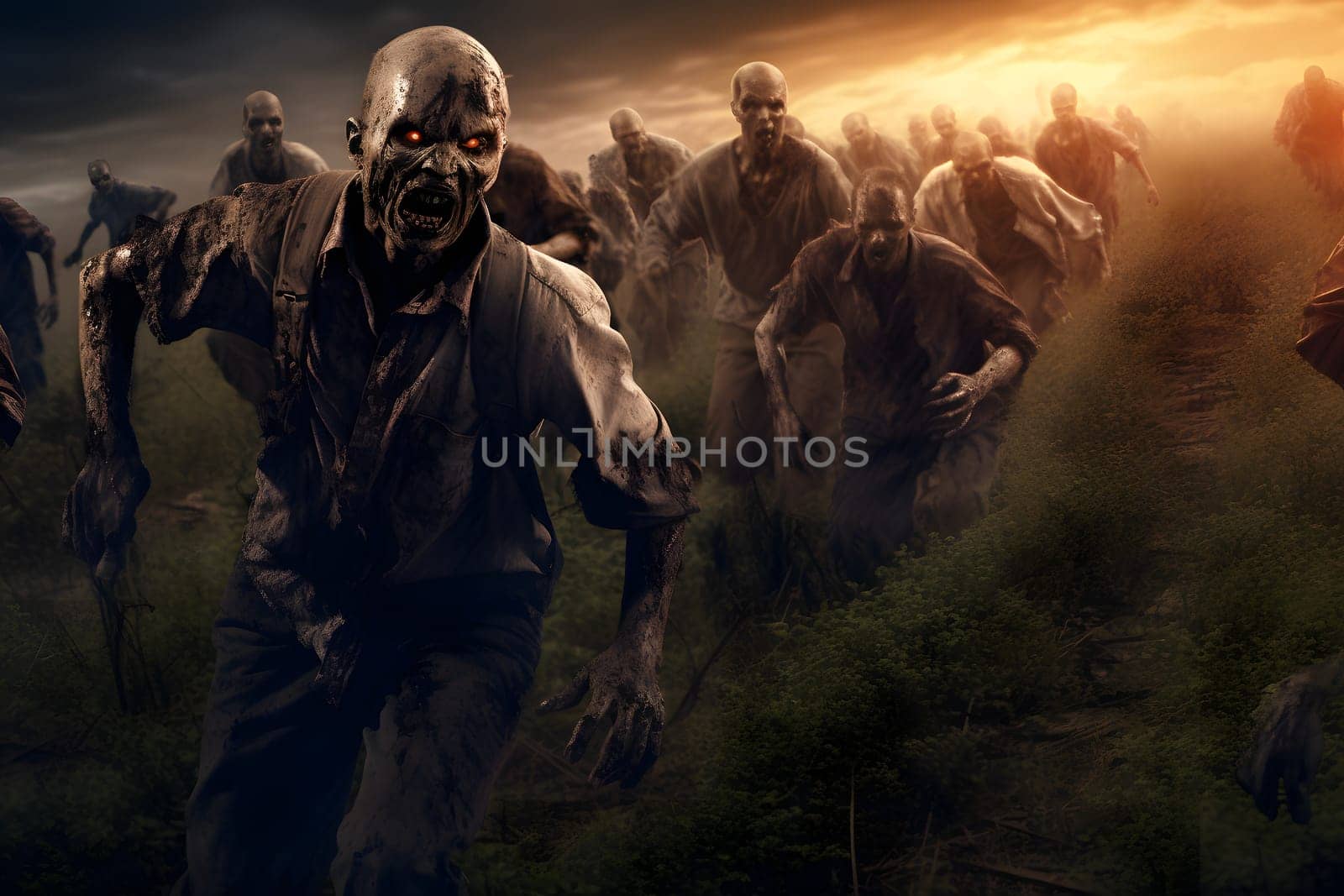 Group of zombies running on summer meadow at sunset. Neural network generated image. Not based on any actual person, scene or pattern.