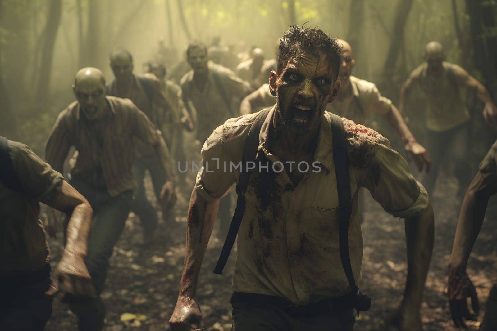 group of zombies running in summer forest at day time. Neural network generated image. Not based on any actual person or scene.
