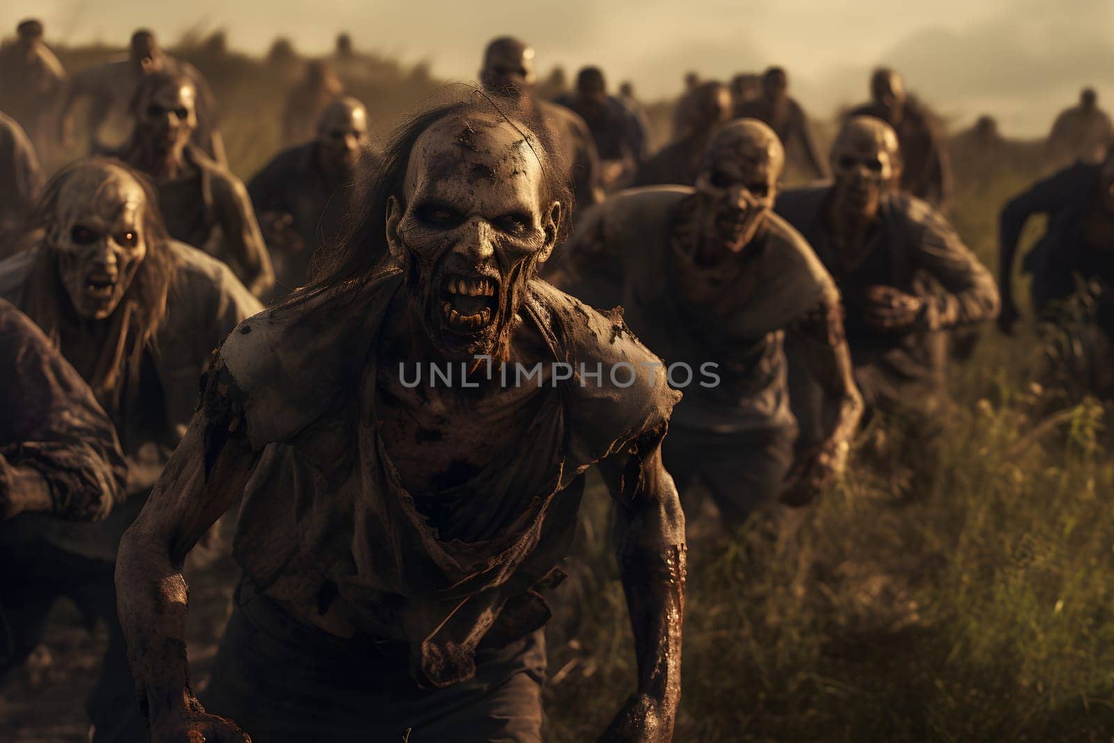 Group of zombies running on summer meadow at sunset. Neural network generated image. Not based on any actual person, scene or pattern.