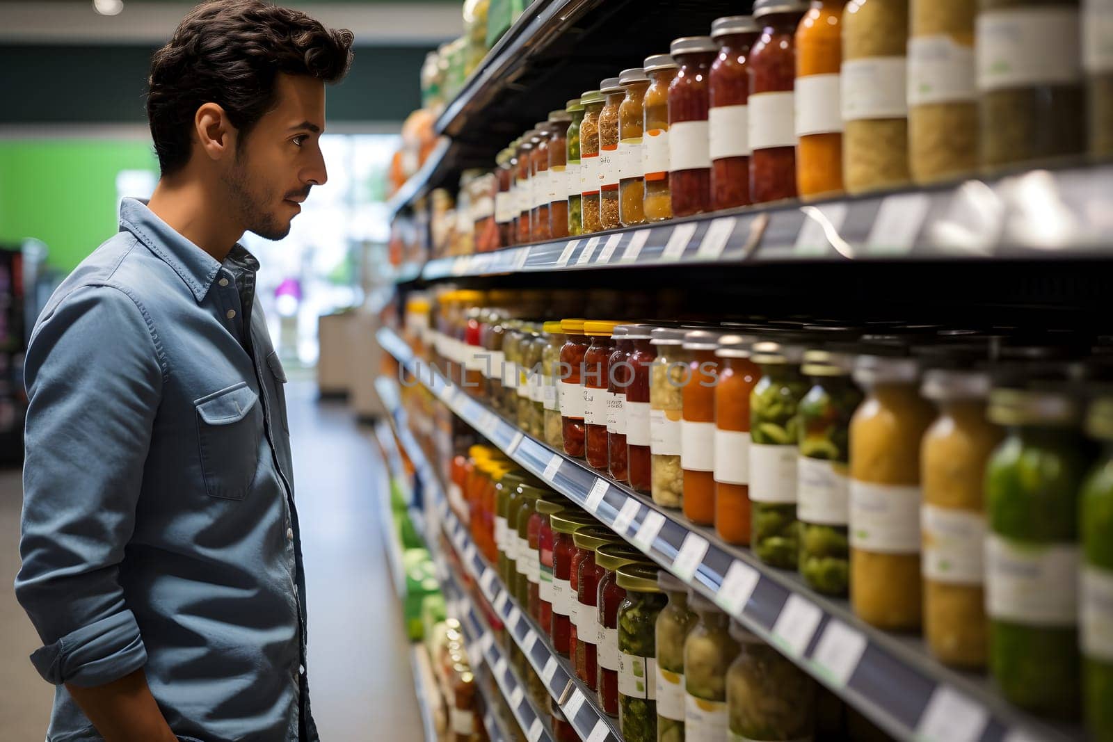 young adult Mexican man choosing a product in a grocery store. Neural network generated image. Not based on any actual person or scene.