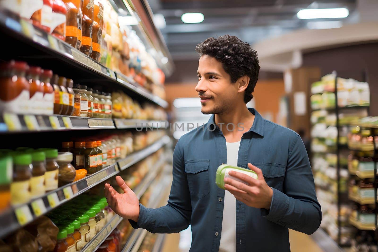 young adult Mexican man choosing a product in a grocery store. Neural network generated image. Not based on any actual person or scene.