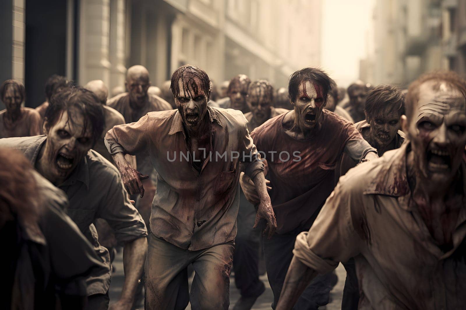 Group of zombies running on city street at day time. Neural network generated image. Not based on any actual person or scene.