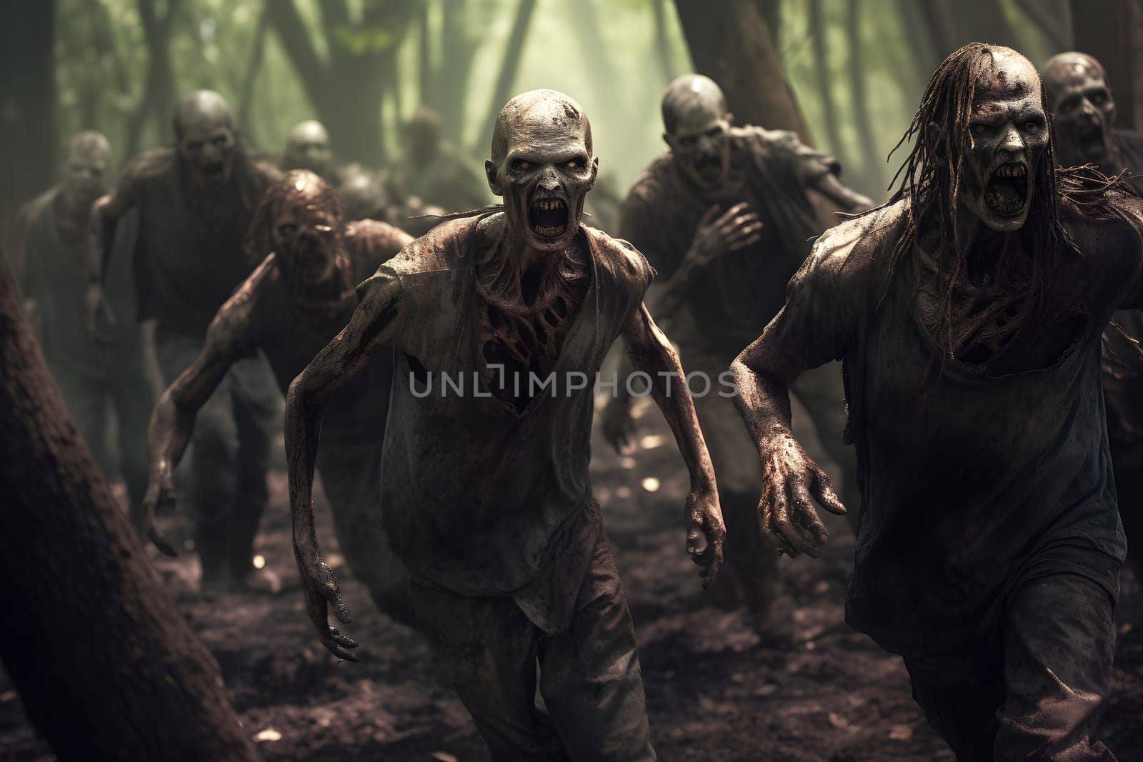 group of zombies running in summer forest at day time. Neural network generated image. Not based on any actual person or scene.