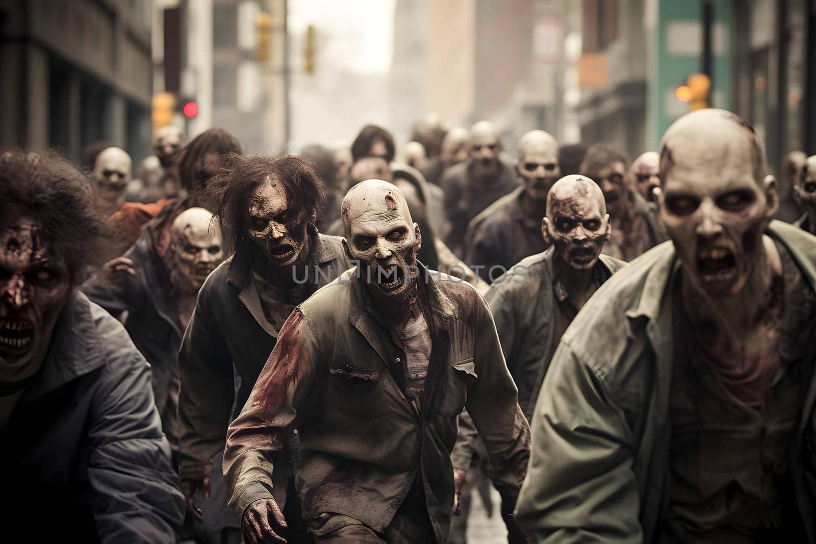 Group of zombies walking on city street at day time. Neural network generated image. Not based on any actual person or scene.