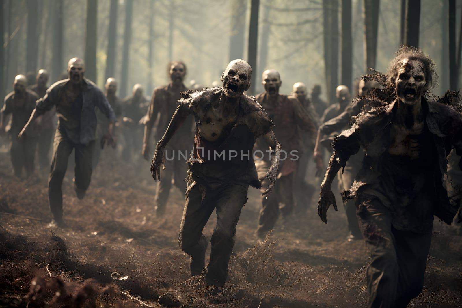 Group of zombies running in autumn forest at cloudy day. Neural network generated image. Not based on any actual person or scene.
