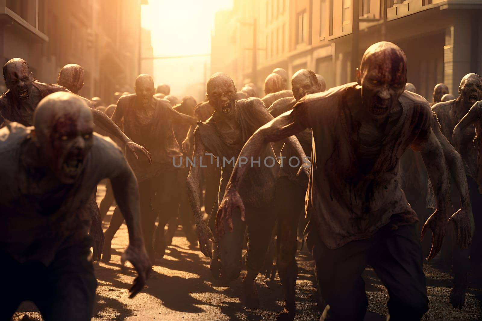 Group of zombies running on city street at sunset or sunrise. Neural network generated image. Not based on any actual person or scene.