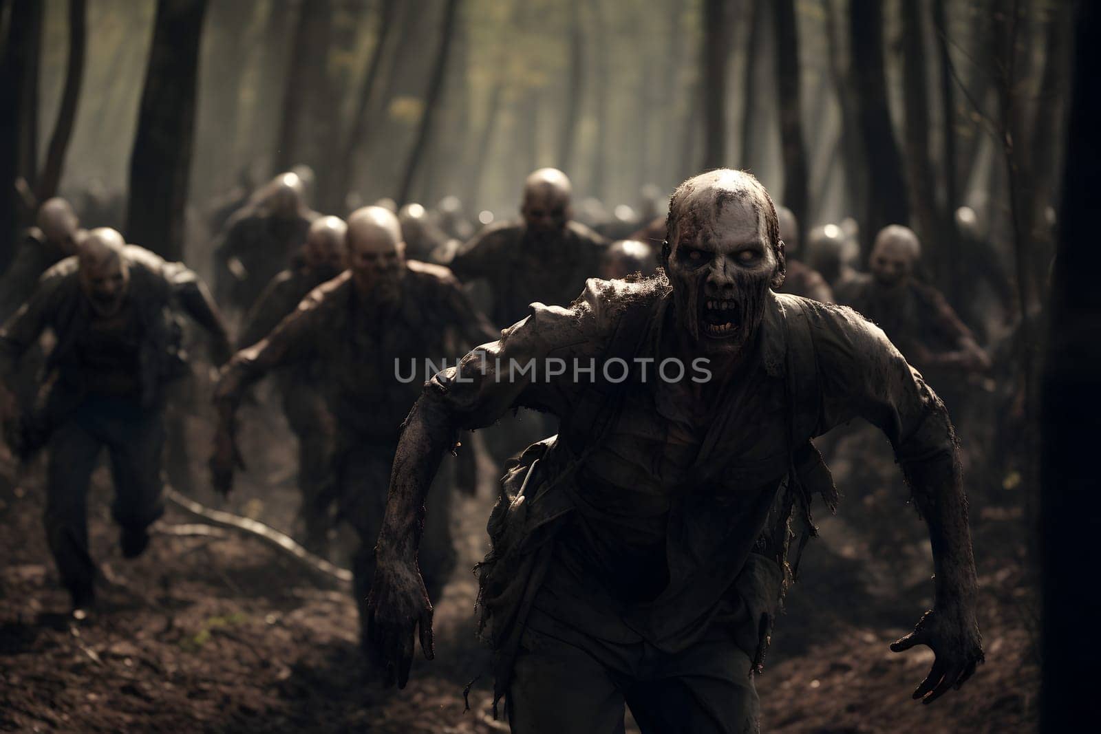Group of zombies running in autumn forest at cloudy day. Neural network generated image. Not based on any actual person or scene.