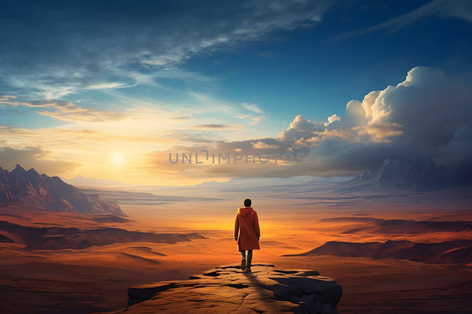 rear view of traveler in a desert landscape scenery on top of rocky formation. Neural network generated image. Not based on any actual person, scene or pattern.