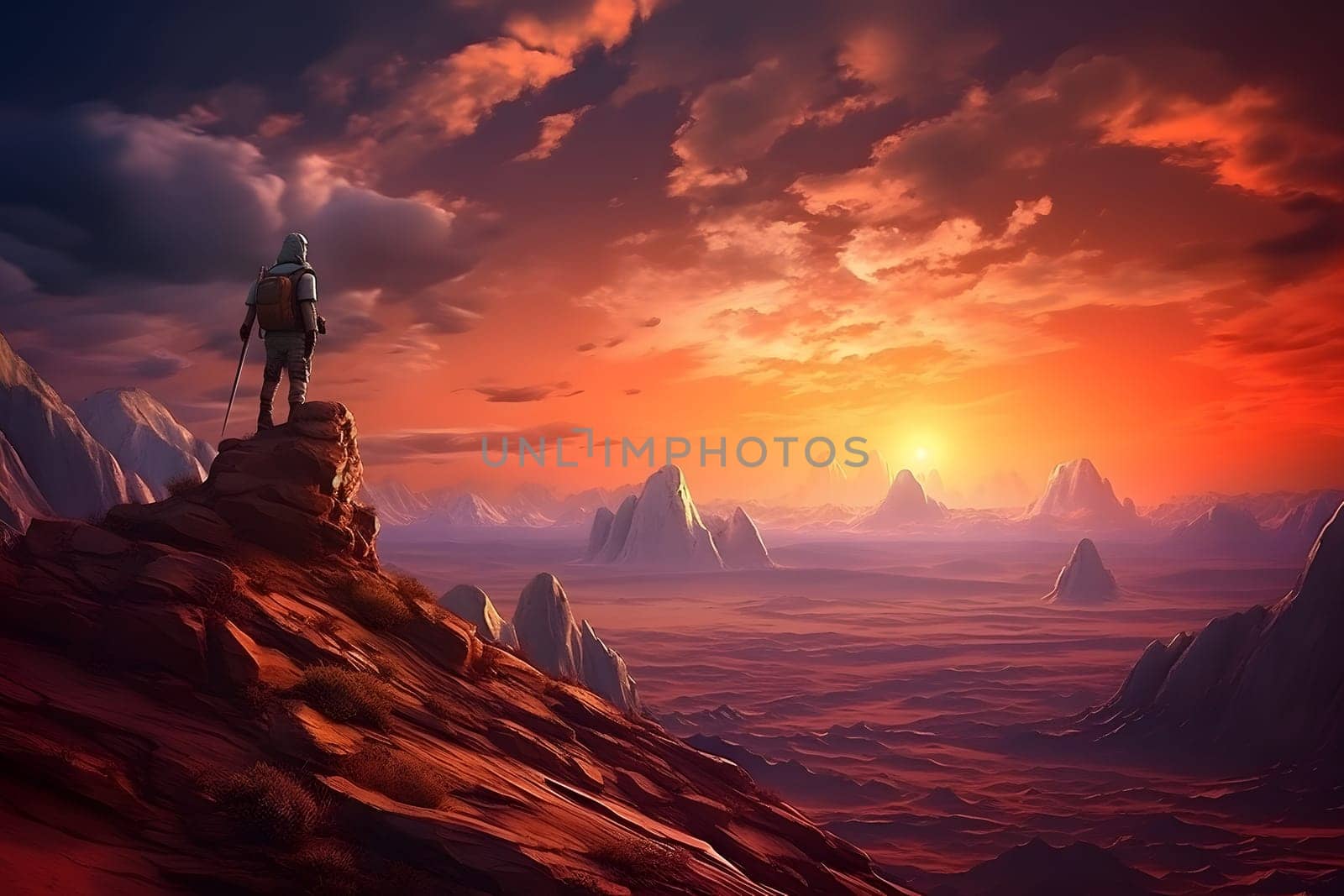 rear view of traveler in a fantastic barren rocky landscape scenery at sunset. Neural network generated image. Not based on any actual person, scene or pattern.