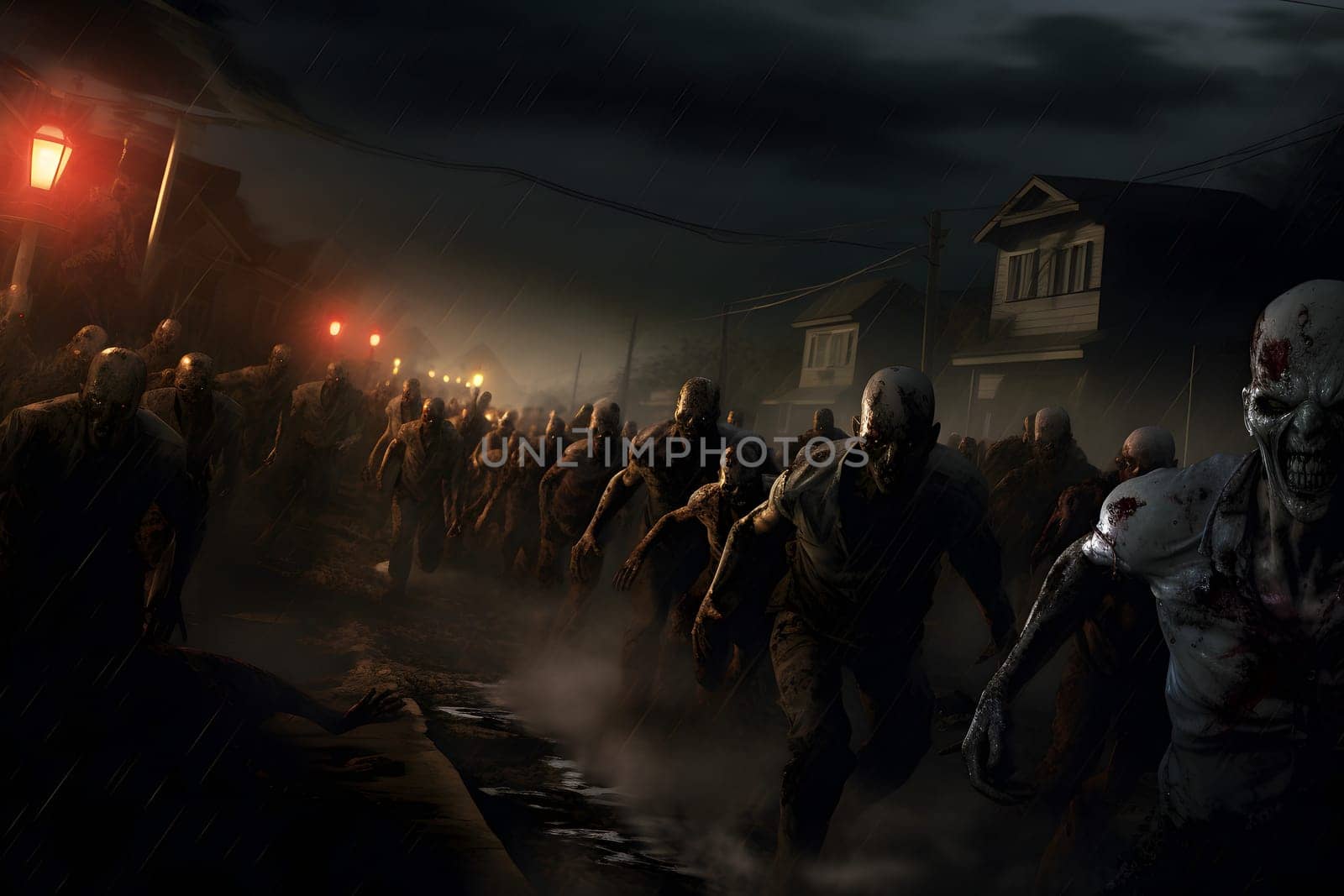 Zombie horde running on suburban street at night. Neural network generated image. Not based on any actual person or scene.