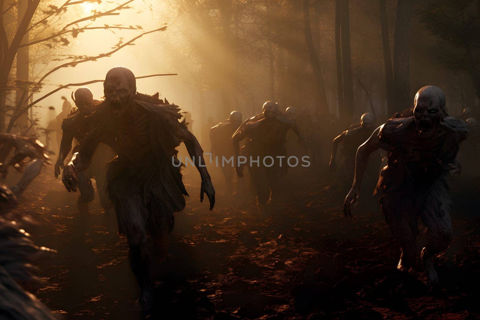 group of zombies running in forest at morning. Neural network generated image. Not based on any actual person or scene.