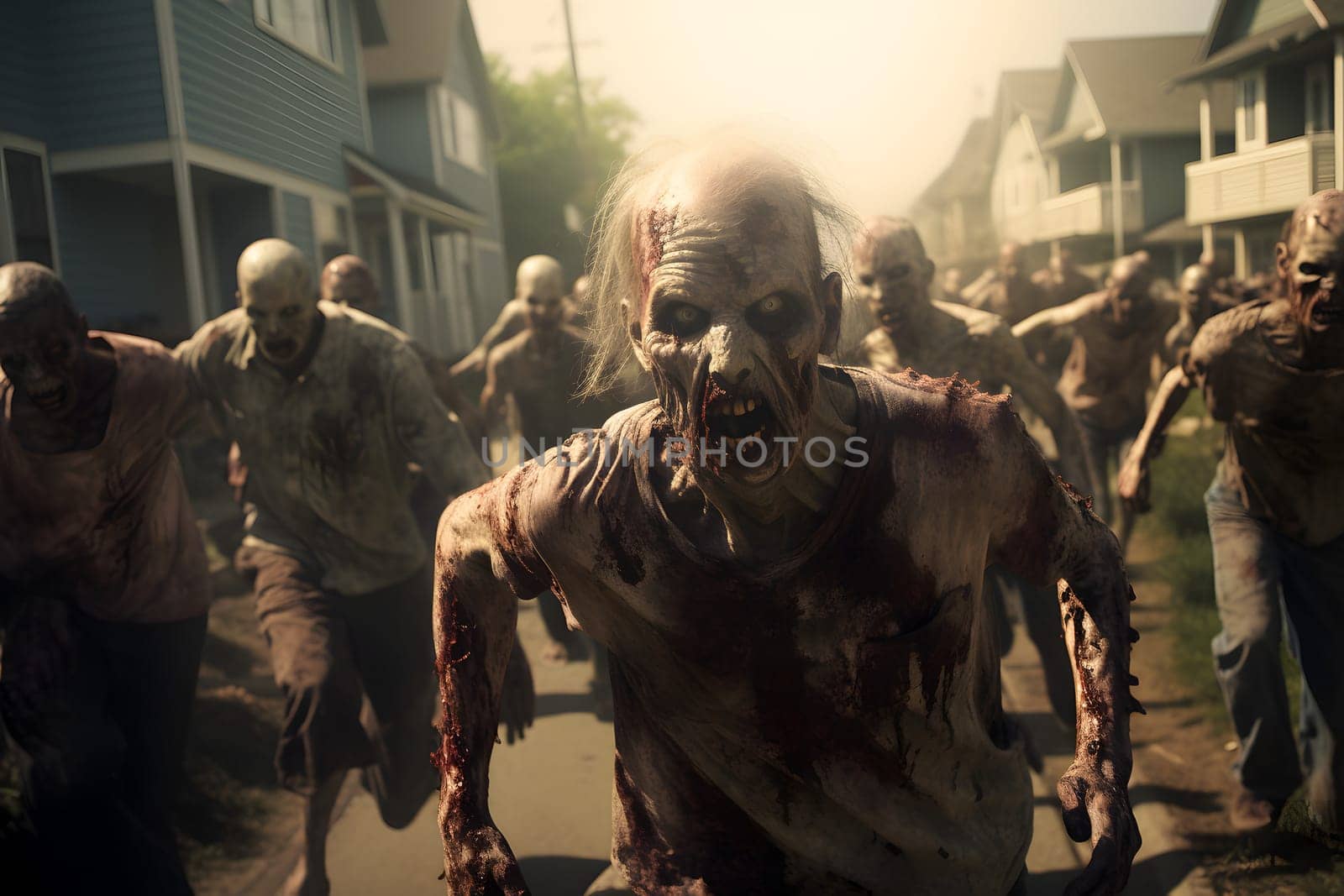 Zombie horde running toward camera at suburbs street at sunny summer day. Neural network generated image. Not based on any actual person or scene.