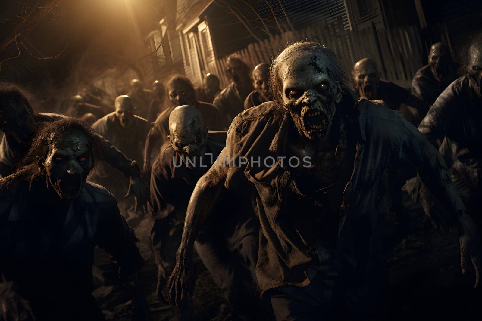 group of zombies running at countryside street at night. Neural network generated image. Not based on any actual person or scene.