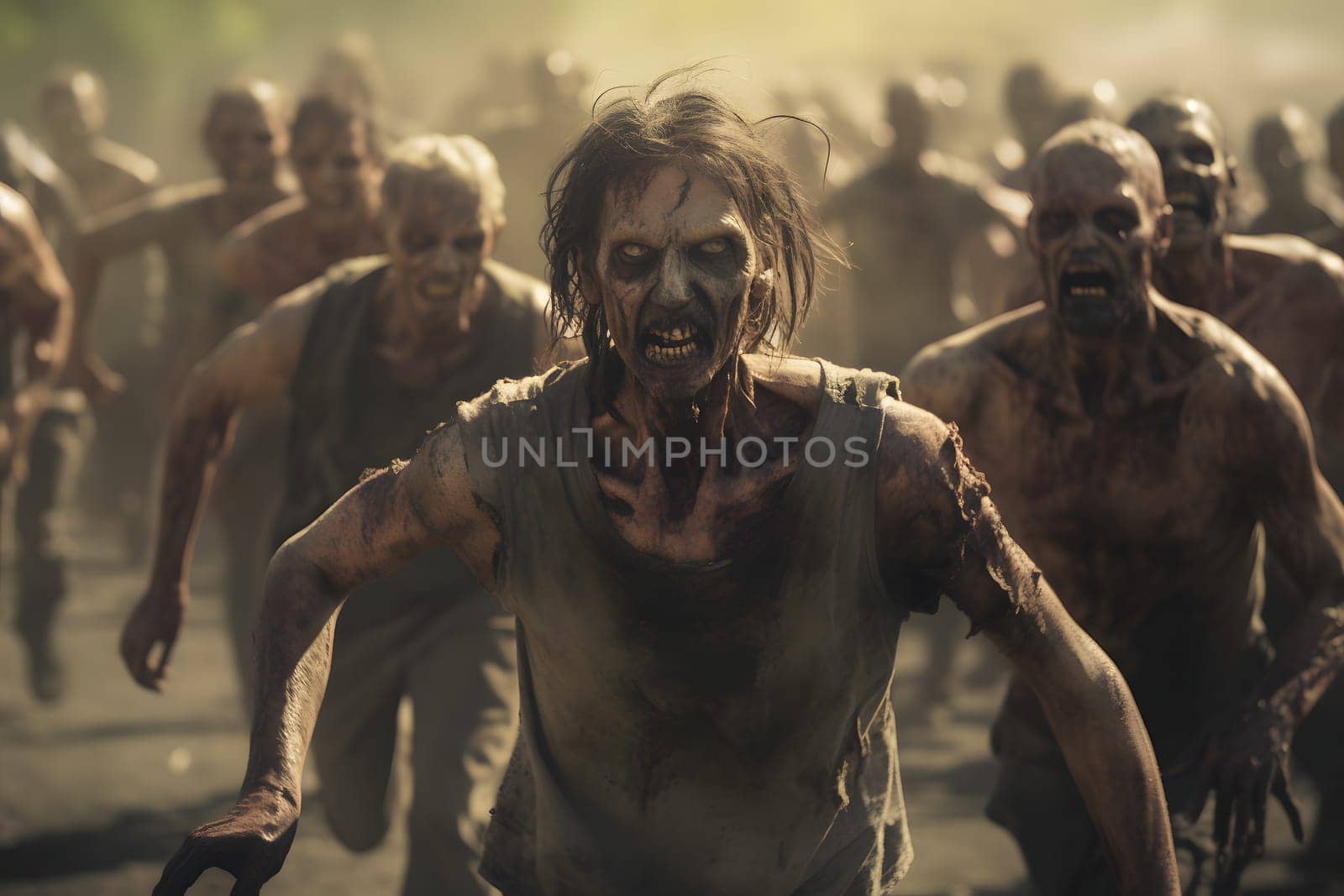 group of zombies running at sunny morning. Neural network generated image. Not based on any actual person or scene.