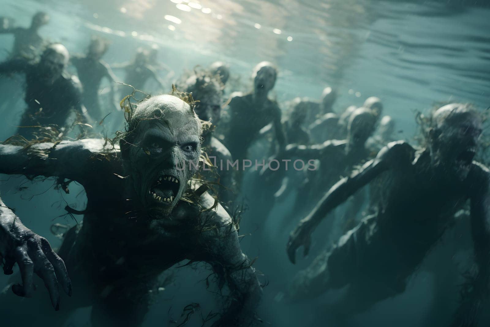 Group of zombies underwater. Neural network generated image. Not based on any actual person or scene.